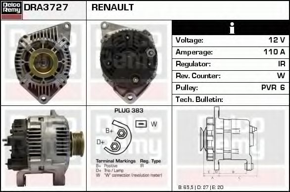 DELCO REMY DRA3727 Генератор для RENAULT SAFRANE II (Рено Сафран 2) DELCO REMY DRA3727 Генератор для RENAULT SAFRANE II (Рено Сафран 2)