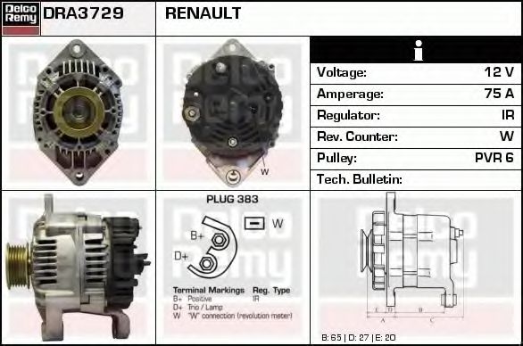 DELCO REMY DRA3729 Генератор для RENAULT ESPACE III (Рено Эспейс 3) DELCO REMY DRA3729 Генератор для RENAULT ESPACE III (Рено Эспейс 3)