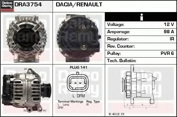 DELCO REMY DRA3754 Генератор для RENAULT SCNIC I (Рено Сценик и) DELCO REMY DRA3754 Генератор для RENAULT SCNIC I (Рено Сценик и)
