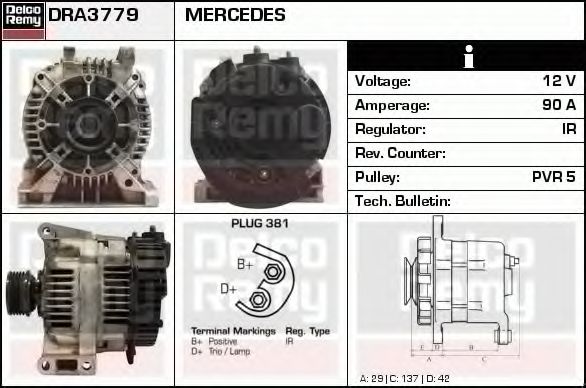 DELCO REMY DRA3779 Генератор для MERCEDES-BENZ A-CLASS (Мэрcэдэс-бэнз А класс) DELCO REMY DRA3779 Генератор для MERCEDES-BENZ A-CLASS (Мэрcэдэс-бэнз А класс)