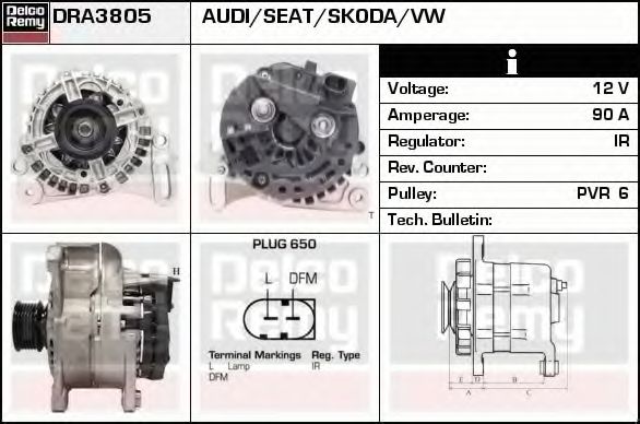DELCO REMY DRA3805 Генератор для SKODA FABIA (Шкода Фабиа) DELCO REMY DRA3805 Генератор для SKODA FABIA (Шкода Фабиа)