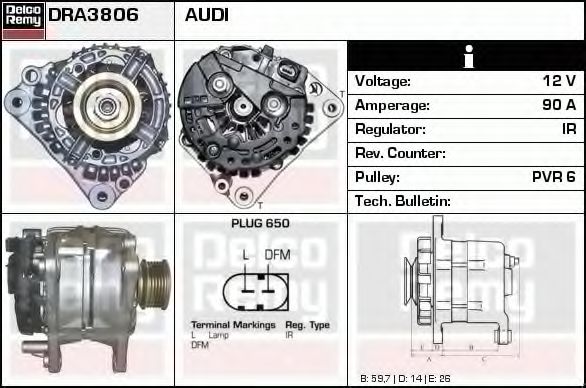 DELCO REMY DRA3806 Генератор для SKODA FABIA (Шкода Фабиа) DELCO REMY DRA3806 Генератор для SKODA FABIA (Шкода Фабиа)