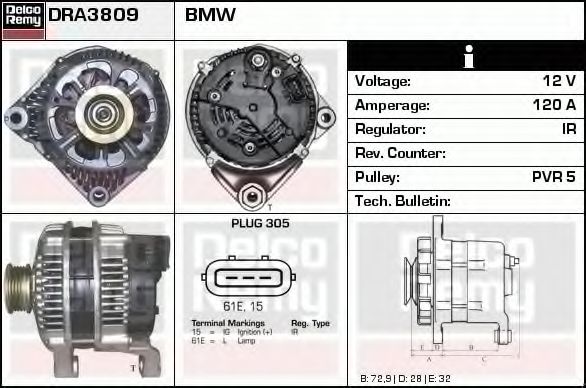 DELCO REMY DRA3809 Генератор для BMW X5 (Бмв Х5) DELCO REMY DRA3809 Генератор для BMW X5 (Бмв Х5)