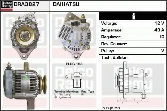 DELCO REMY DRA3827 Генератор для DAIHATSU CUORE III (Дайхатсу Cуорэ 3) DELCO REMY DRA3827 Генератор для DAIHATSU CUORE III (Дайхатсу Cуорэ 3)