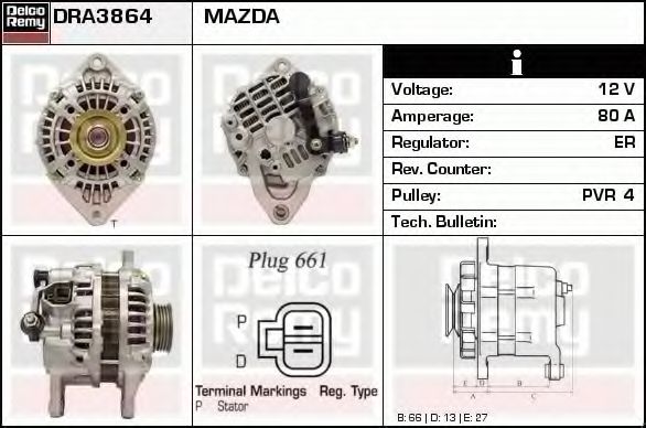DELCO REMY DRA3864 Генератор для MAZDA 626 V (Мазда 626 5) DELCO REMY DRA3864 Генератор для MAZDA 626 V (Мазда 626 5)