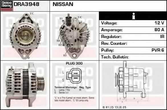 DELCO REMY DRA3948 Генератор для NISSAN (Ниссан) DELCO REMY DRA3948 Генератор для NISSAN (Ниссан)