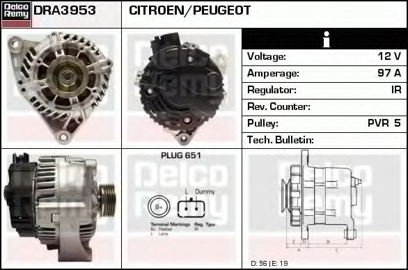 DELCO REMY DRA3953 Генератор для CITROËN BERLINGO (CитроËн Берлинго) DELCO REMY DRA3953 Генератор для CITROËN BERLINGO (CитроËн Берлинго)