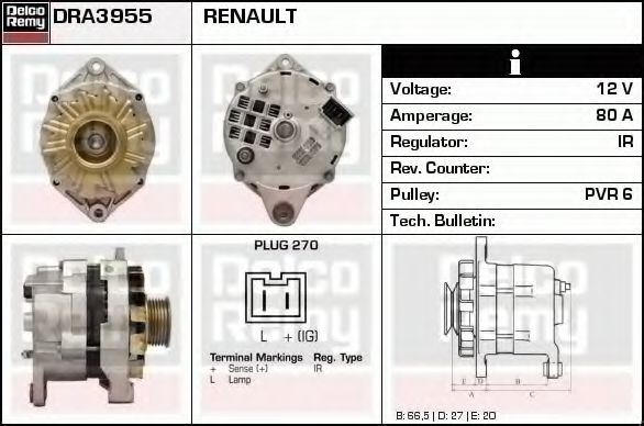 DELCO REMY DRA3955 Генератор для RENAULT 19 I (Рено 19 1) DELCO REMY DRA3955 Генератор для RENAULT 19 I (Рено 19 1)