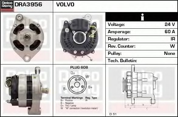 DELCO REMY DRA3956 Генератор для VOLVO FS 7 (Вольво Фс 7) DELCO REMY DRA3956 Генератор для VOLVO FS 7 (Вольво Фс 7)