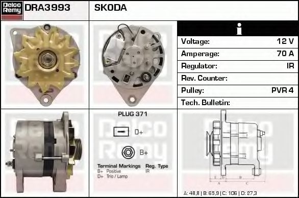 DELCO REMY DRA3993 Генератор для SKODA FELICIA II (Шкода Фелиция 2) DELCO REMY DRA3993 Генератор для SKODA FELICIA II (Шкода Фелиция 2)