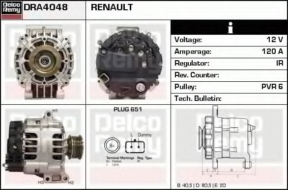 DELCO REMY DRA4048 Генератор для RENAULT SCNIC I (Рено Сценик и) DELCO REMY DRA4048 Генератор для RENAULT SCNIC I (Рено Сценик и)