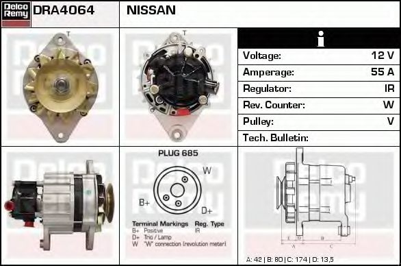 DELCO REMY DRA4064 Генератор для NISSAN CABSTAR E (Ниссан Cабстар э) DELCO REMY DRA4064 Генератор для NISSAN CABSTAR E (Ниссан Cабстар э)