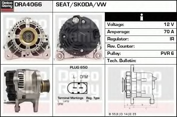 DELCO REMY DRA4066 Генератор для VOLKSWAGEN LUPO (Фольксваген Лупо) DELCO REMY DRA4066 Генератор для VOLKSWAGEN LUPO (Фольксваген Лупо)