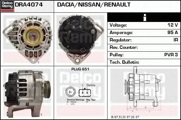 DELCO REMY DRA4074 Генератор для RENAULT THALIA I (Рено Тхалиа и) DELCO REMY DRA4074 Генератор для RENAULT THALIA I (Рено Тхалиа и)