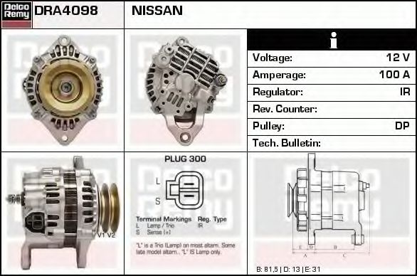 DELCO REMY DRA4098 Генератор для NISSAN SAFARI V (Ниссан Сафари v) DELCO REMY DRA4098 Генератор для NISSAN SAFARI V (Ниссан Сафари v)