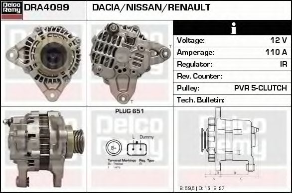 DELCO REMY DRA4099 Генератор для NISSAN KUBISTAR (Ниссан Кубистар) DELCO REMY DRA4099 Генератор для NISSAN KUBISTAR (Ниссан Кубистар)