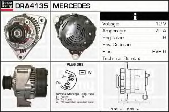 DELCO REMY DRA4135 Генератор для MERCEDES-BENZ C-CLASS (Мэрcэдэс-бэнз С класс) DELCO REMY DRA4135 Генератор для MERCEDES-BENZ C-CLASS (Мэрcэдэс-бэнз С класс)