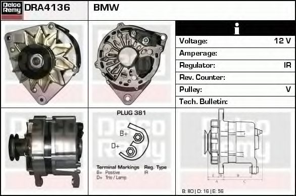 DELCO REMY DRA4136 Генератор для BMW 3 (Бмв 3) DELCO REMY DRA4136 Генератор для BMW 3 (Бмв 3)