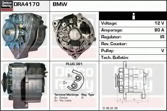 DELCO REMY DRA4170 Генератор для BMW 3 (Бмв 3) DELCO REMY DRA4170 Генератор для BMW 3 (Бмв 3)