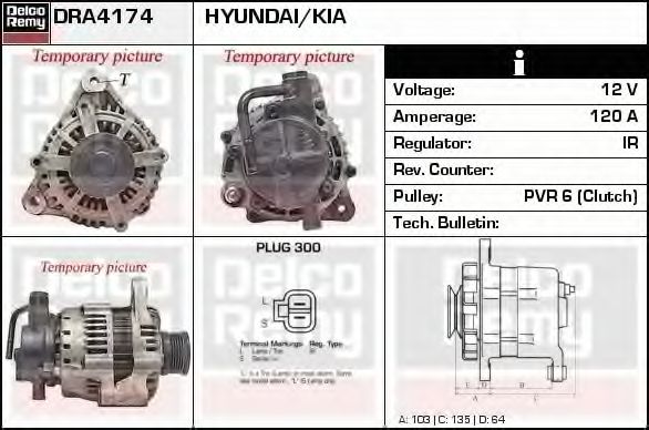 DELCO REMY DRA4174 Генератор для KIA CERATO (Киа Cэрато) DELCO REMY DRA4174 Генератор для KIA CERATO (Киа Cэрато)