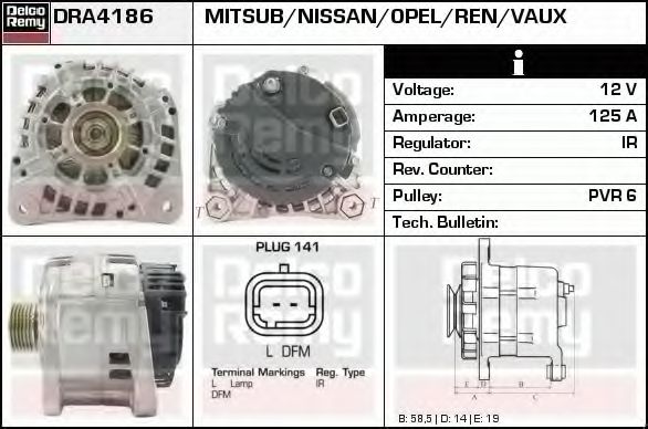 DELCO REMY DRA4186 Генератор для RENAULT VEL SATIS (Рено Вел сатис) DELCO REMY DRA4186 Генератор для RENAULT VEL SATIS (Рено Вел сатис)
