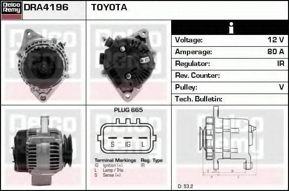 DELCO REMY DRA4196 Генератор для TOYOTA PICNIC (Тойота/тоета Пикник) DELCO REMY DRA4196 Генератор для TOYOTA PICNIC (Тойота/тоета Пикник)