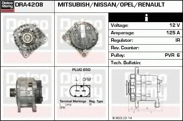DELCO REMY DRA4208 Генератор для RENAULT VEL SATIS (Рено Вел сатис) DELCO REMY DRA4208 Генератор для RENAULT VEL SATIS (Рено Вел сатис)