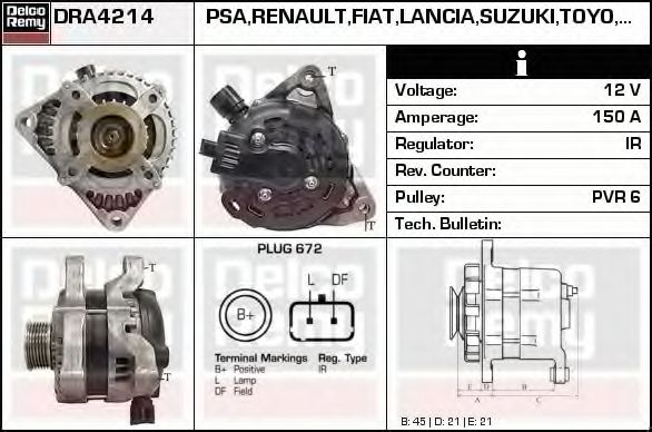 DELCO REMY DRA4214 Генератор для CITROËN C5 II (CитроËн С5 2) DELCO REMY DRA4214 Генератор для CITROËN C5 II (CитроËн С5 2)