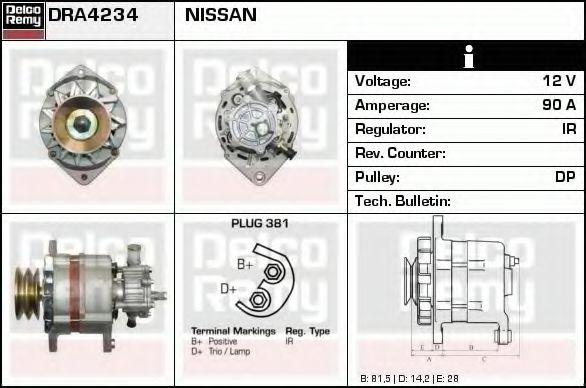 DELCO REMY DRA4234 Генератор для NISSAN (Ниссан) DELCO REMY DRA4234 Генератор для NISSAN (Ниссан)