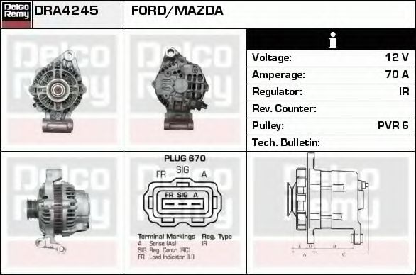 DELCO REMY DRA4245 Генератор для FORD FIESTA V (Форд Фиеста 5) DELCO REMY DRA4245 Генератор для FORD FIESTA V (Форд Фиеста 5)