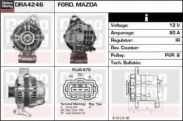 DELCO REMY DRA4246 Генератор для FORD FIESTA V (Форд Фиеста 5) DELCO REMY DRA4246 Генератор для FORD FIESTA V (Форд Фиеста 5)