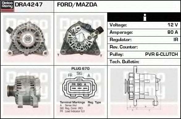 DELCO REMY DRA4247 Генератор для FORD FIESTA V (Форд Фиеста 5) DELCO REMY DRA4247 Генератор для FORD FIESTA V (Форд Фиеста 5)