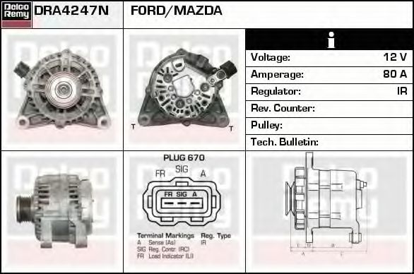 DELCO REMY DRA4247N Генератор для FORD FIESTA V (Форд Фиеста 5) DELCO REMY DRA4247N Генератор для FORD FIESTA V (Форд Фиеста 5)
