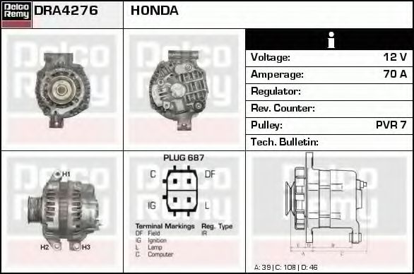 DELCO REMY DRA4276 Генератор для HONDA STREAM (Хонда Стрэам) DELCO REMY DRA4276 Генератор для HONDA STREAM (Хонда Стрэам)