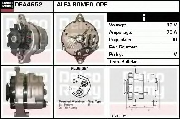 DELCO REMY DRA4652 Генератор для OPEL CORSA A (Опель Cорса а) DELCO REMY DRA4652 Генератор для OPEL CORSA A (Опель Cорса а)