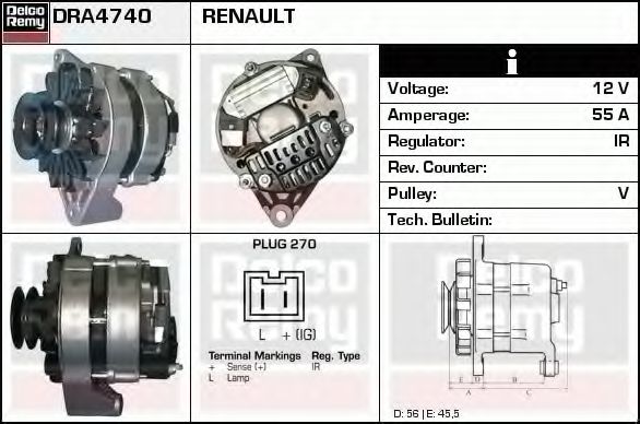 DELCO REMY DRA4740 Генератор для RENAULT ALLIANCE (Рено Аллианcэ) DELCO REMY DRA4740 Генератор для RENAULT ALLIANCE (Рено Аллианcэ)