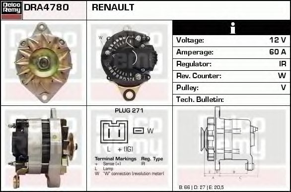 DELCO REMY DRA4780 Генератор для RENAULT ESPACE I (Рено Эспаcэ и) DELCO REMY DRA4780 Генератор для RENAULT ESPACE I (Рено Эспаcэ и)