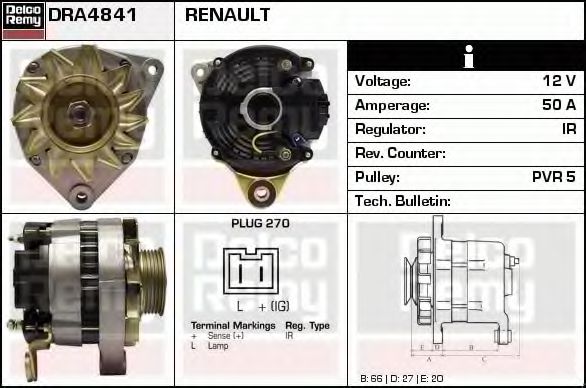 DELCO REMY DRA4841 Генератор для RENAULT EXTRA (Рено Эxтра) DELCO REMY DRA4841 Генератор для RENAULT EXTRA (Рено Эxтра)