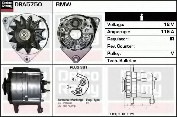 DELCO REMY DRA5750 Генератор для BMW 5 (Бмв 5) DELCO REMY DRA5750 Генератор для BMW 5 (Бмв 5)