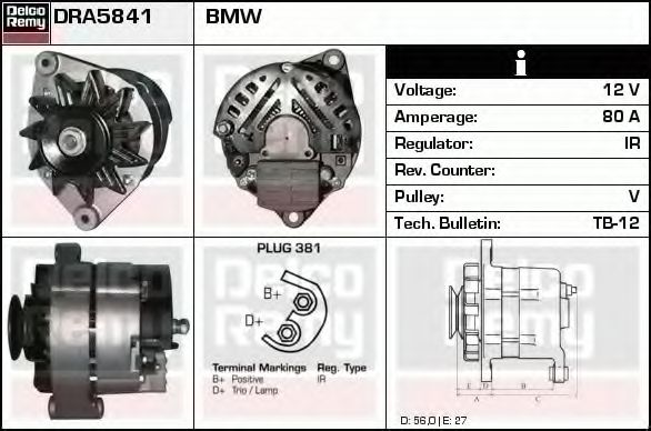 DELCO REMY DRA5841 Генератор для BMW 3 (Бмв 3) DELCO REMY DRA5841 Генератор для BMW 3 (Бмв 3)
