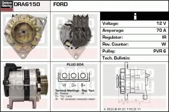 DELCO REMY DRA6150 Генератор для FORD GRANADA I (Форд Гранада и) DELCO REMY DRA6150 Генератор для FORD GRANADA I (Форд Гранада и)