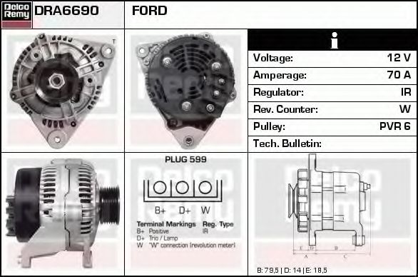 DELCO REMY DRA6690 Генератор для FORD ESCORT VII (Форд Эскорт 7) DELCO REMY DRA6690 Генератор для FORD ESCORT VII (Форд Эскорт 7)