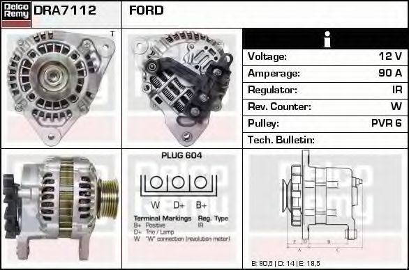 DELCO REMY DRA7112 Генератор для FORD ESCORT VII (Форд Эскорт 7) DELCO REMY DRA7112 Генератор для FORD ESCORT VII (Форд Эскорт 7)