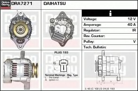 DELCO REMY DRA7271 Генератор для DAIHATSU DOMINO II (Дайхатсу Домино 2) DELCO REMY DRA7271 Генератор для DAIHATSU DOMINO II (Дайхатсу Домино 2)