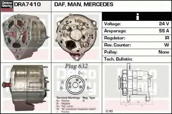 DELCO REMY DRA7410 Генератор для DAF CF 65 (Даф Cф 65) DELCO REMY DRA7410 Генератор для DAF CF 65 (Даф Cф 65)