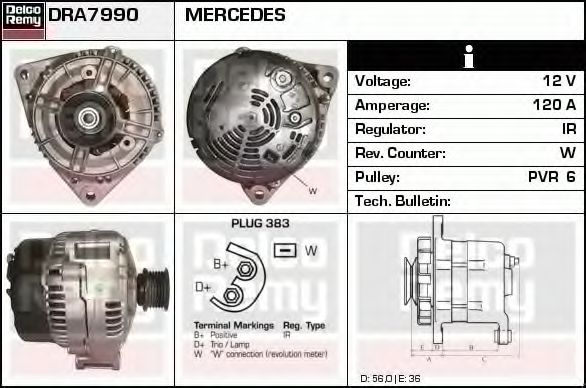 DELCO REMY DRA7990 Генератор для MERCEDES-BENZ SL (Мэрcэдэс-бэнз Сл) DELCO REMY DRA7990 Генератор для MERCEDES-BENZ SL (Мэрcэдэс-бэнз Сл)