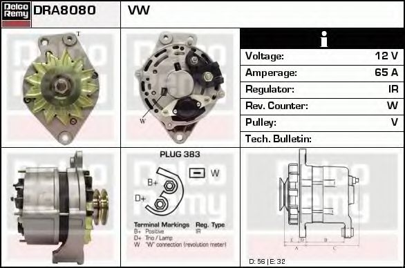 DELCO REMY DRA8080 Генератор для VOLKSWAGEN POLO (Фольксваген Поло) DELCO REMY DRA8080 Генератор для VOLKSWAGEN POLO (Фольксваген Поло)