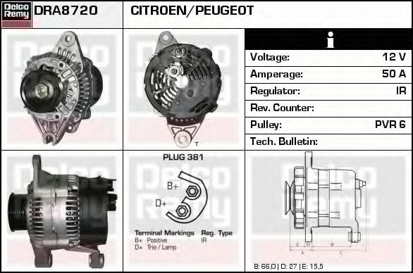 DELCO REMY DRA8720 Генератор для CITROËN ZX (CитроËн Зх) DELCO REMY DRA8720 Генератор для CITROËN ZX (CитроËн Зх)