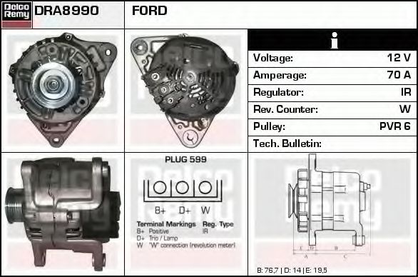 DELCO REMY DRA8990 Генератор для FORD ESCORT VII (Форд Эскорт 7) DELCO REMY DRA8990 Генератор для FORD ESCORT VII (Форд Эскорт 7)