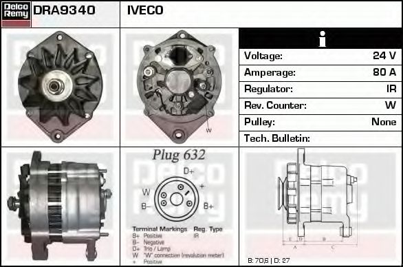 DELCO REMY DRA9340 Генератор для IVECO (Ивеко) DELCO REMY DRA9340 Генератор для IVECO (Ивеко)